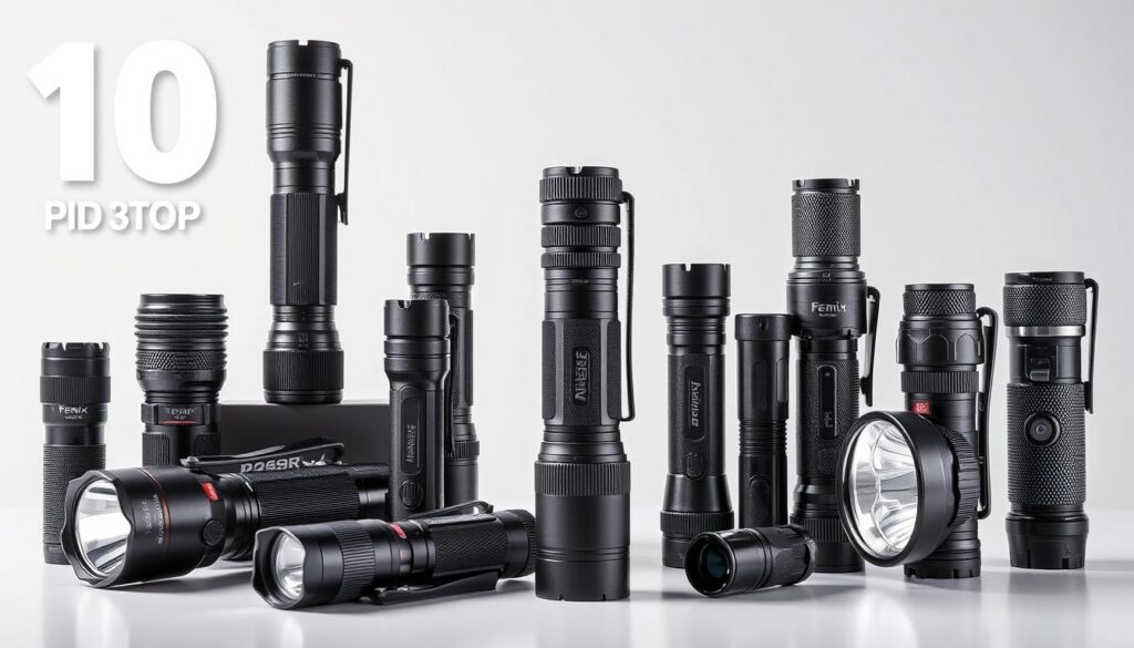 Collection of the top 10 best-selling flashlights on Amazon arranged by category with the Fenix PD36R Pro highlighted as the top pick
