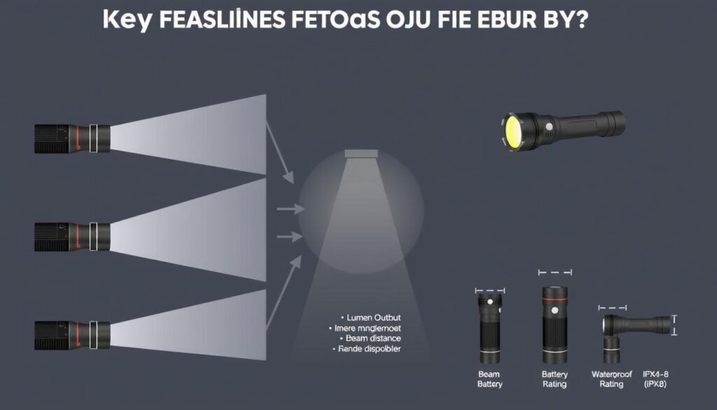 Diagram showing key flashlight features to consider including lumens, beam distance, battery types, and waterproof ratings