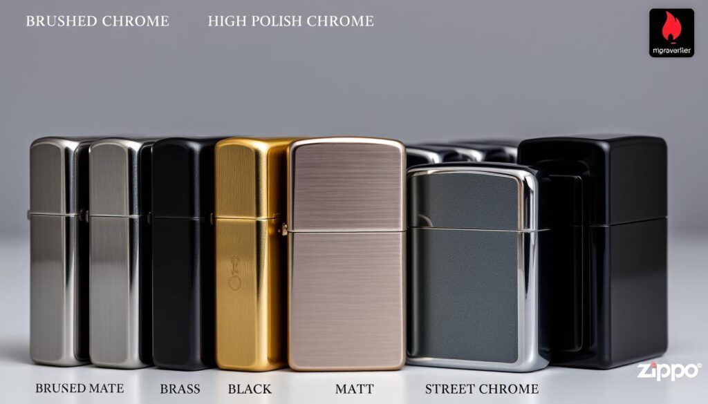 Various Zippo finishes and models displayed for comparison