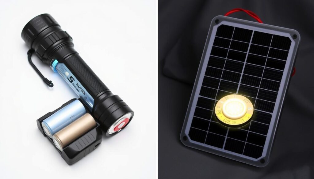 Comparison of battery-powered and solar-powered camping torches with their key components visible, showing different power options for best camping torches