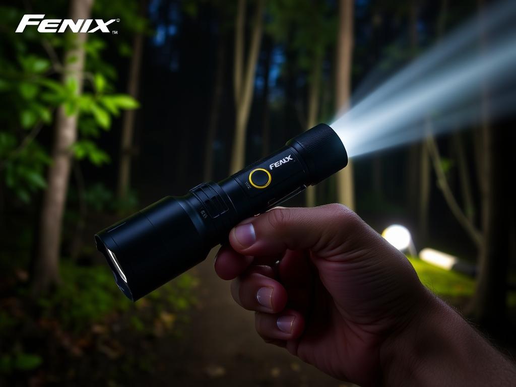 Fenix PD36R Pro camping torch illuminating a forest trail, showing its powerful beam as one of the best camping torches