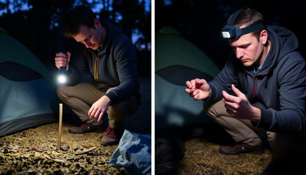 Side-by-side comparison of a person using a handheld torch versus a headlamp for camping tasks, illustrating differences between best camping torches styles