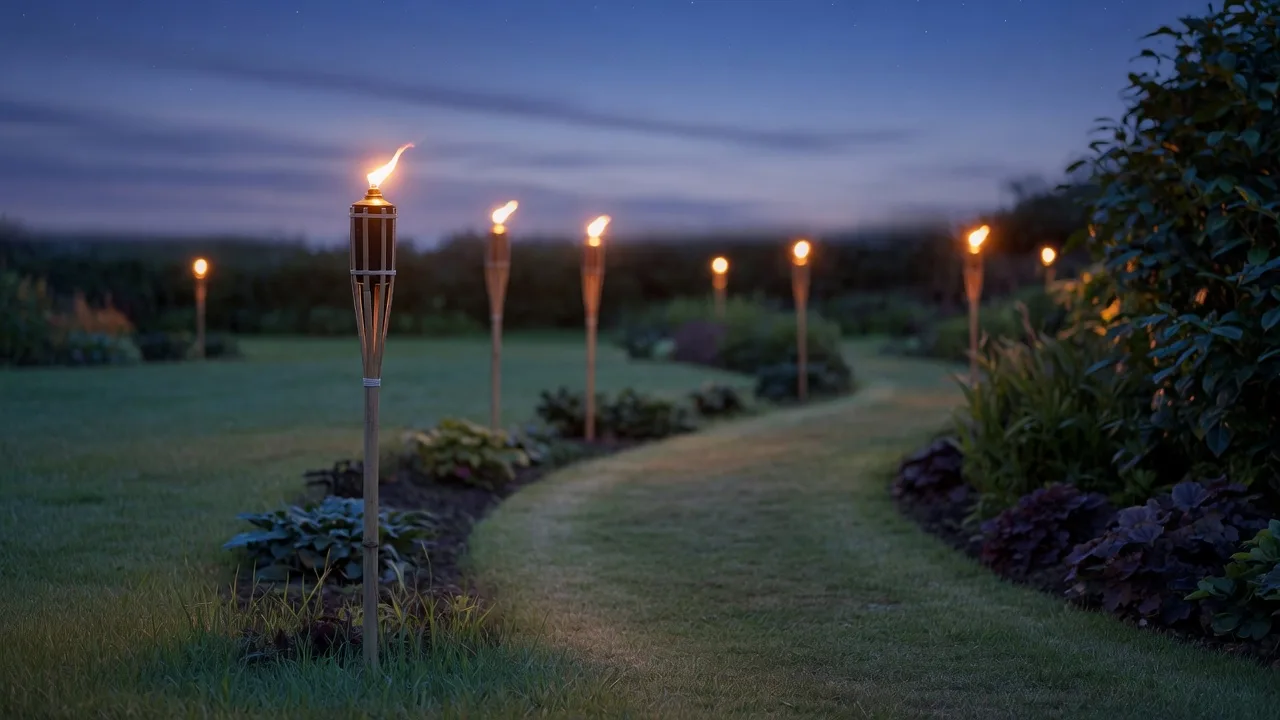 Bamboo garden torches lighting a curved lawn path at dusk