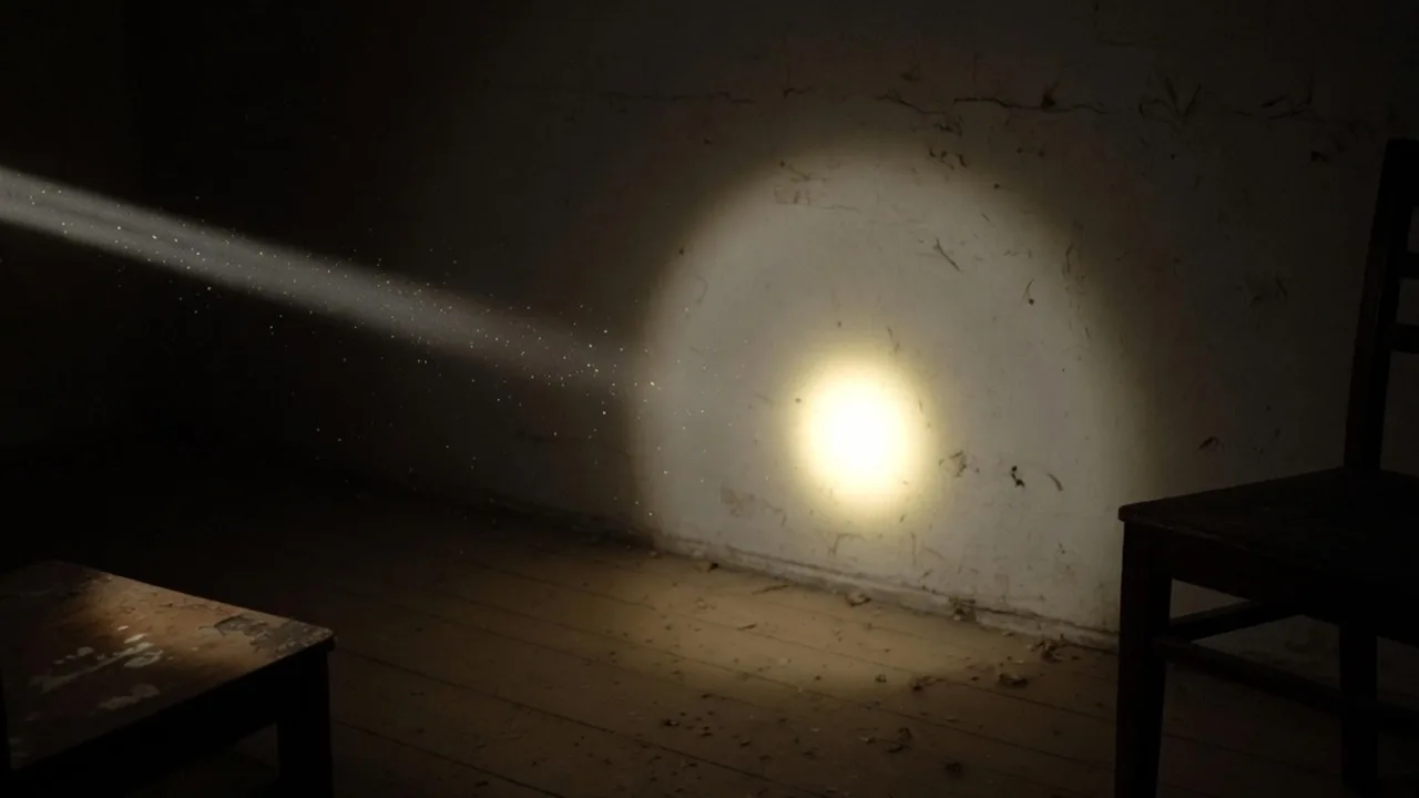 A tightly focused flashlight beam throwing a small intense circle of light onto the far wall of a dark room, with dust drifting through the beam.