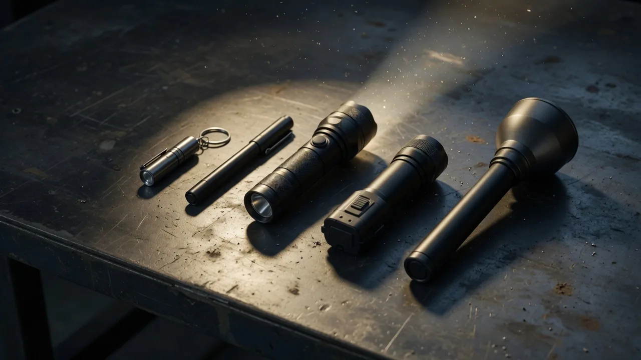 Five unbranded flashlights of different sizes laid in a row on a dark workbench, with warm light casting long shadows across the steel.