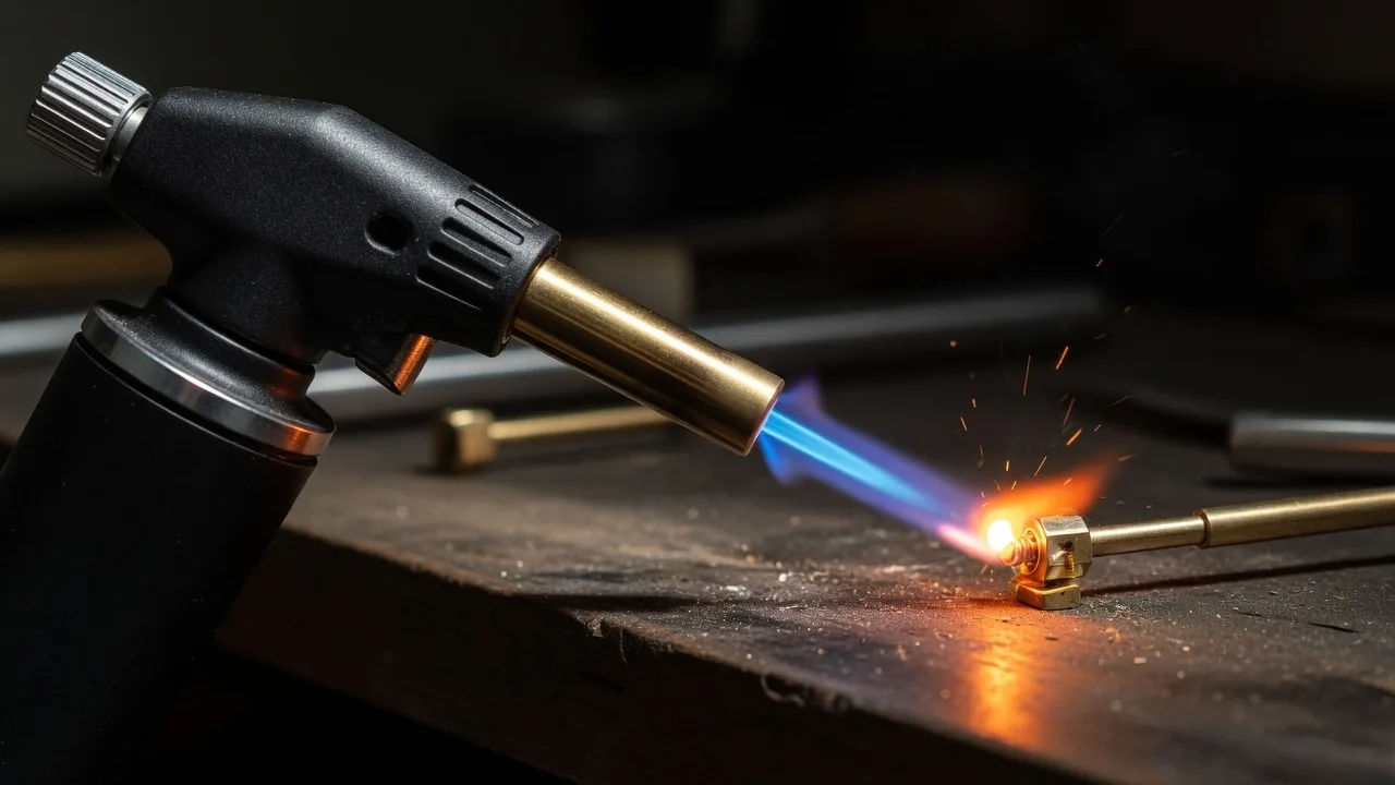 Blue flame from a butane jet torch heating a brass fitting on a workbench