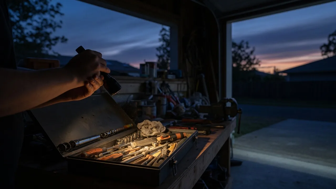 Hands holding a small flashlight over an open toolbox in a garage at dusk, the beam making a soft pool of light across the tools.