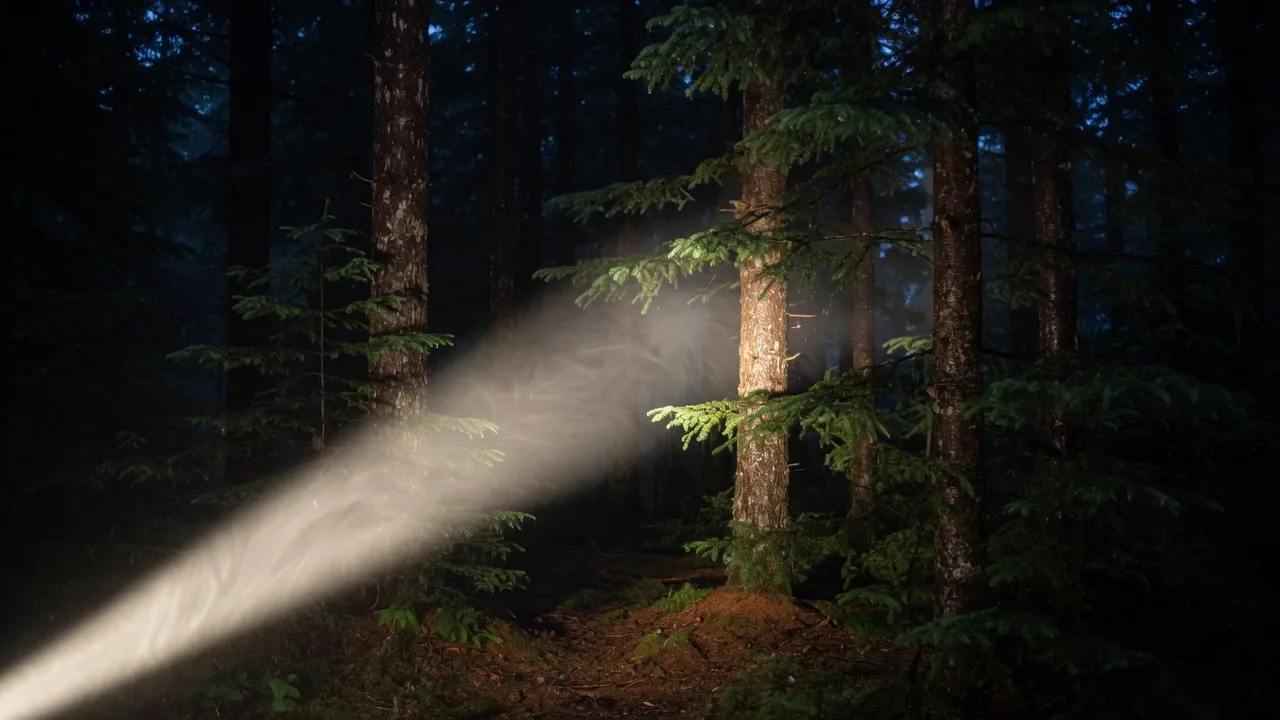 A flashlight beam cutting through mist in a dark conifer forest at night, lighting a narrow section of trunks and forest floor.