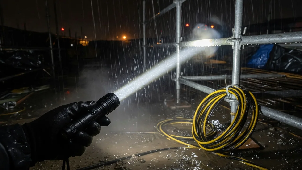 A gloved hand aiming a high-output flashlight across wet steel scaffolding and cable at a worksite at night.