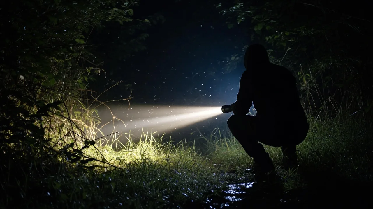 A crouched figure sweeping a bright flashlight beam low into brambles and long grass while searching at night.
