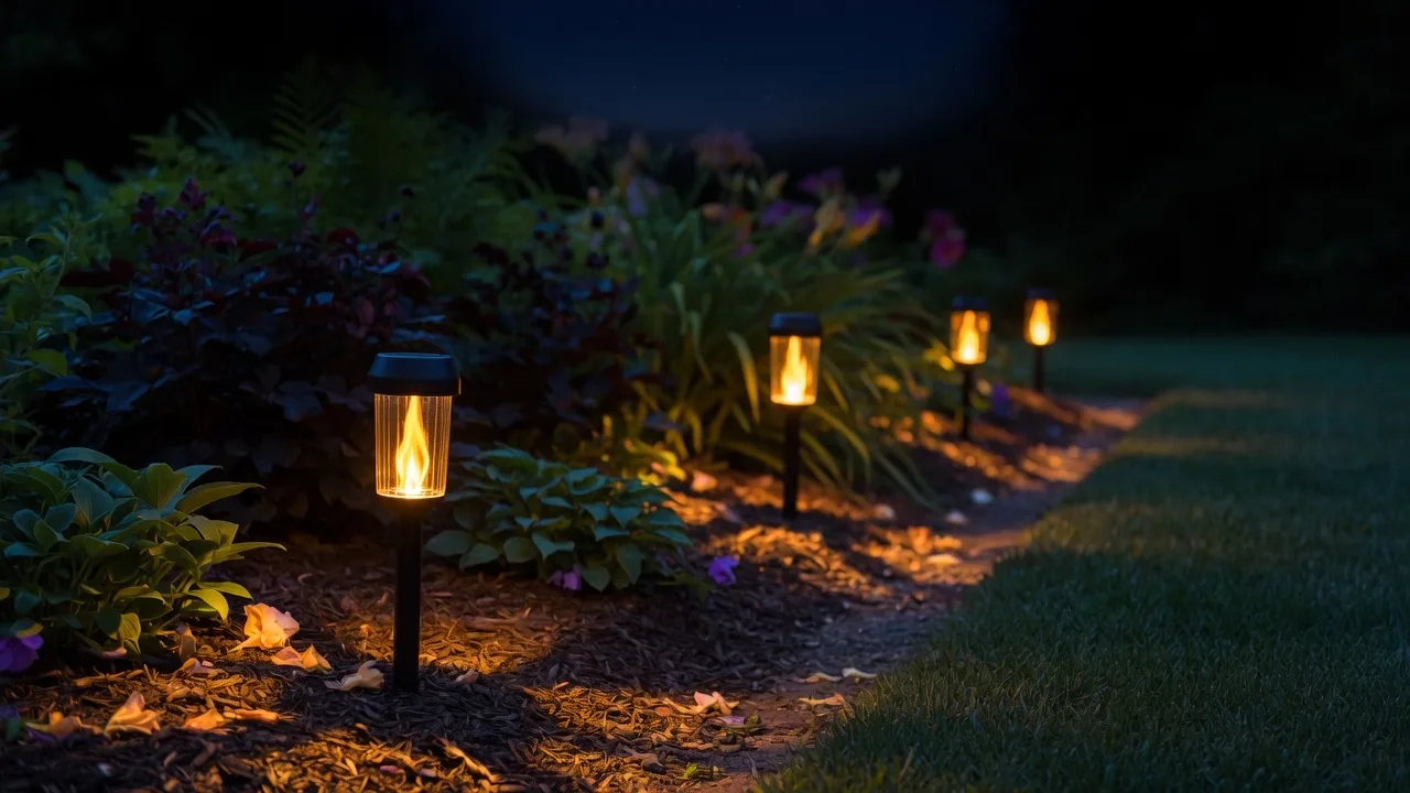 Solar flame-effect lights glowing in a flower bed at night