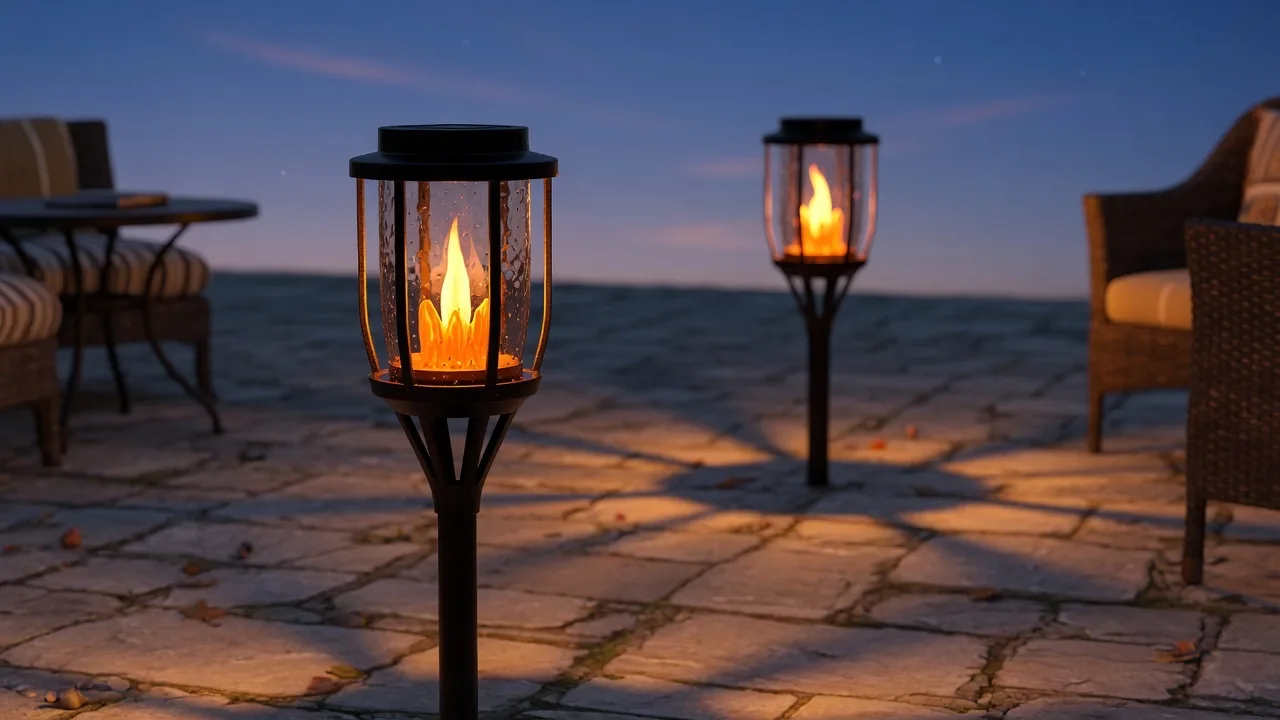 Pair of solar flame-effect torch lights beside a stone patio at dusk
