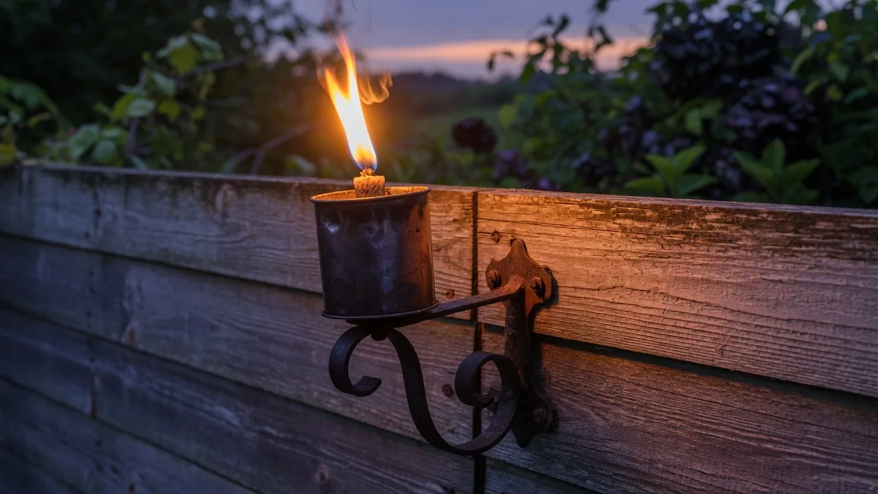 Wall-mounted garden torch burning on a wooden fence at dusk