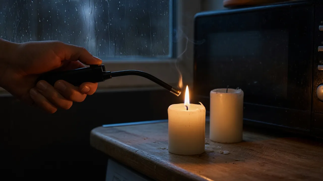A long-neck lighter that has just lit a pillar candle in a dark kitchen during a power outage, rain on the window behind.