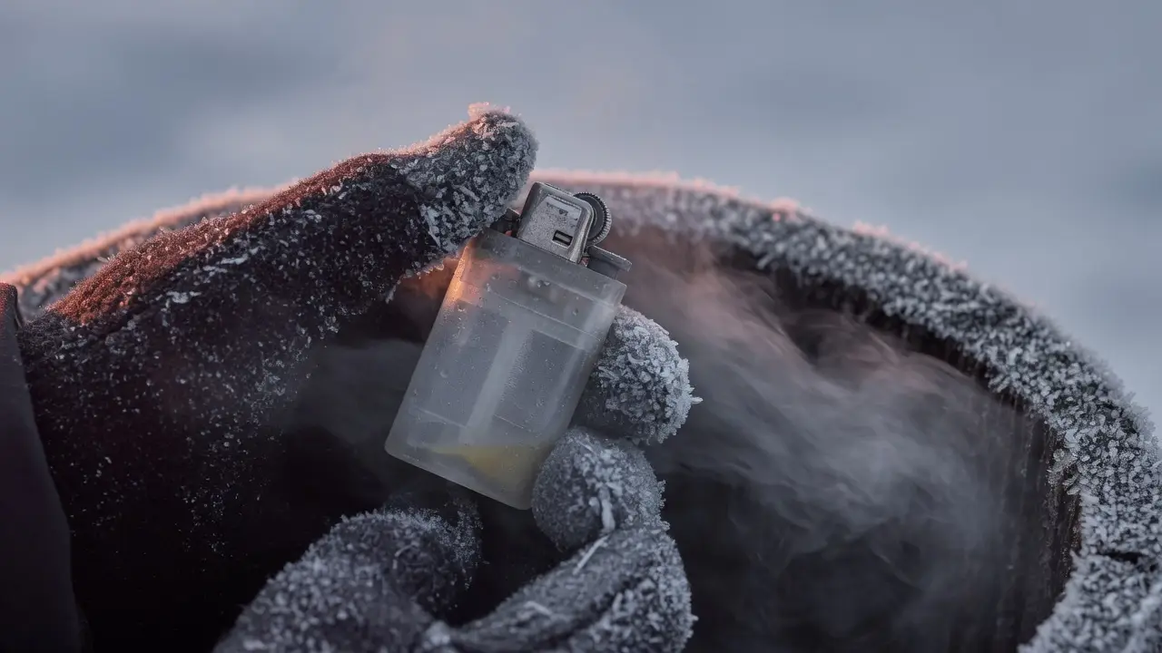 Frost-covered gloves holding an unlit disposable lighter with little fuel left, breath misting in the freezing air.