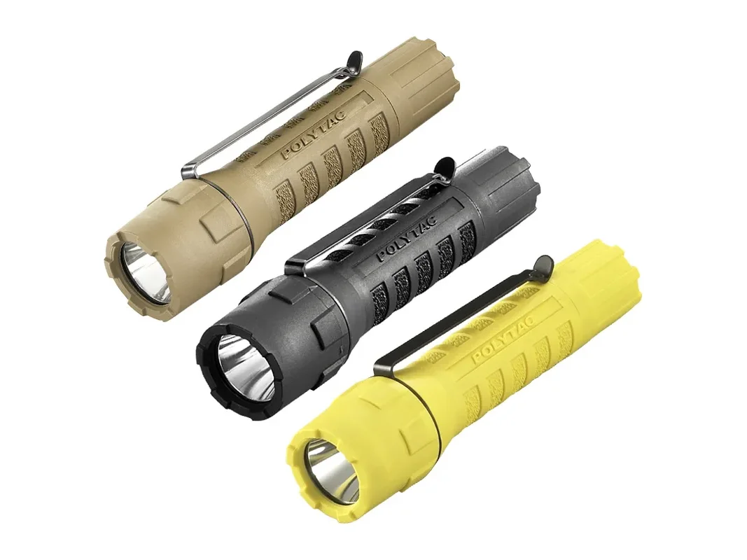Streamlight PolyTac flashlights in coyote, black and yellow.