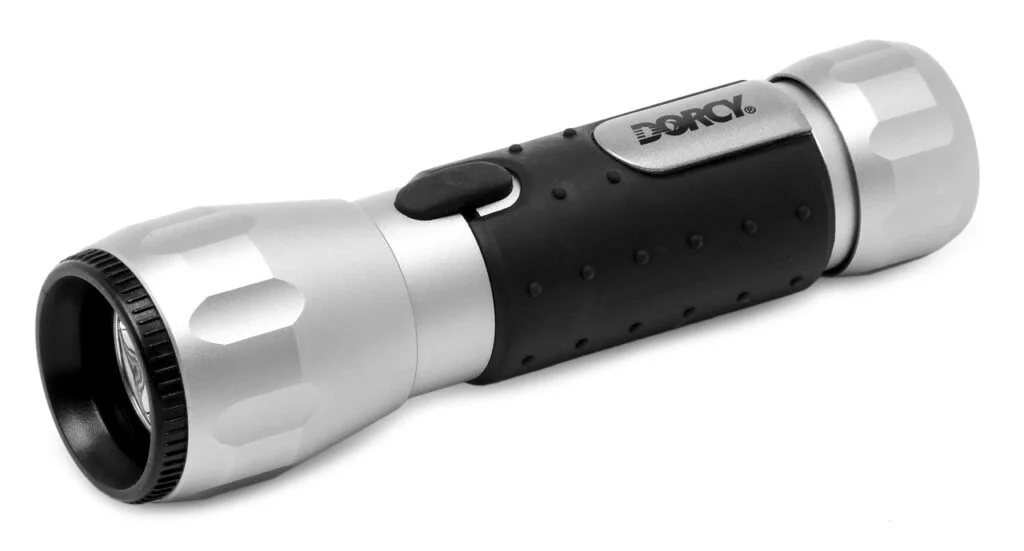 a black and silver flashlight