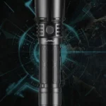 a black flashlight with a blue background