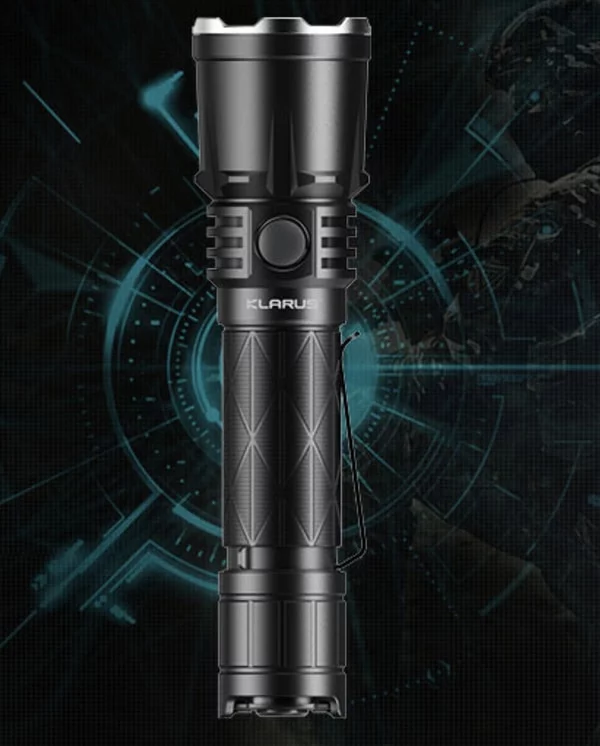 a black flashlight with a blue background