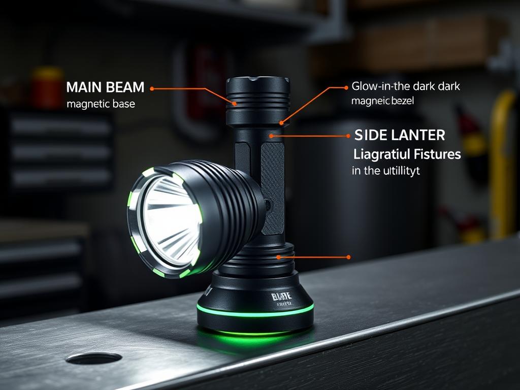 Blackfire Magnetic Rechargeable flashlight showing its magnetic base and side lantern feature for hands-free use Blackfire Magnetic Rechargeable flashlight showing its magnetic base and side lantern feature for hands-free use