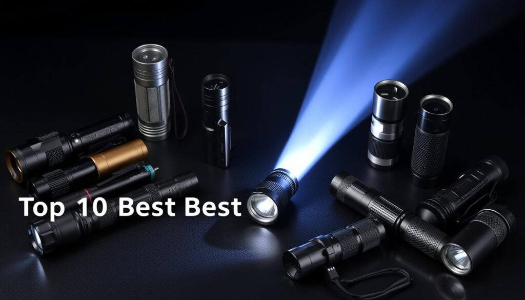 Collection of the top 10 best-selling flashlights on Amazon arranged on a dark surface with one being illuminated
