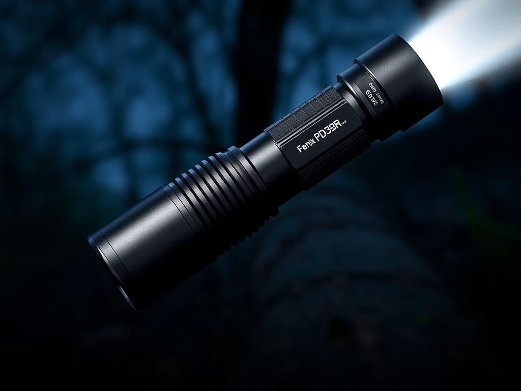 Fenix PD36R Pro flashlight with beam illuminating a dark outdoor scene, showcasing its 2,800 lumen brightness Fenix PD36R Pro flashlight with beam illuminating a dark outdoor scene, showcasing its 2,800 lumen brightness
