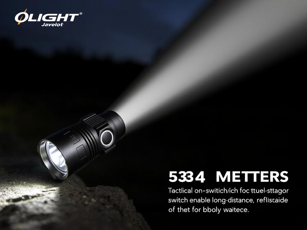 Olight Javelot Mini flashlight demonstrating its impressive beam distance of 584 meters despite compact size Olight Javelot Mini flashlight demonstrating its impressive beam distance of 584 meters despite compact size