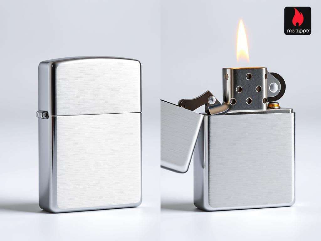 Zippo Classic Brushed Chrome Lighter showing front and open flame Zippo Classic Brushed Chrome Lighter showing front and open flame