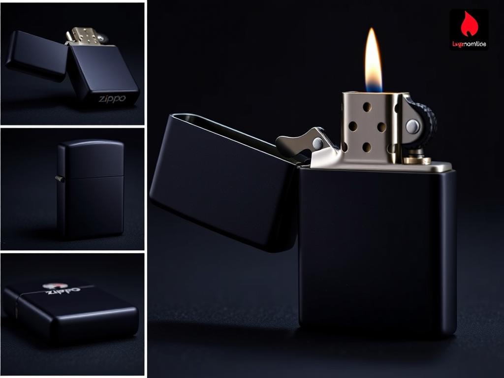 Zippo Matte Black Lighter with open flame against dark background Zippo Matte Black Lighter with open flame against dark background