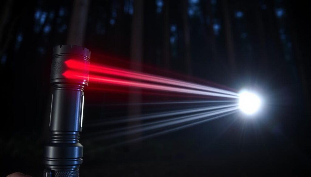 Camping torch with emergency strobe mode activated, highlighting safety features of the best camping torches Camping torch with emergency strobe mode activated, highlighting safety features of the best camping torches