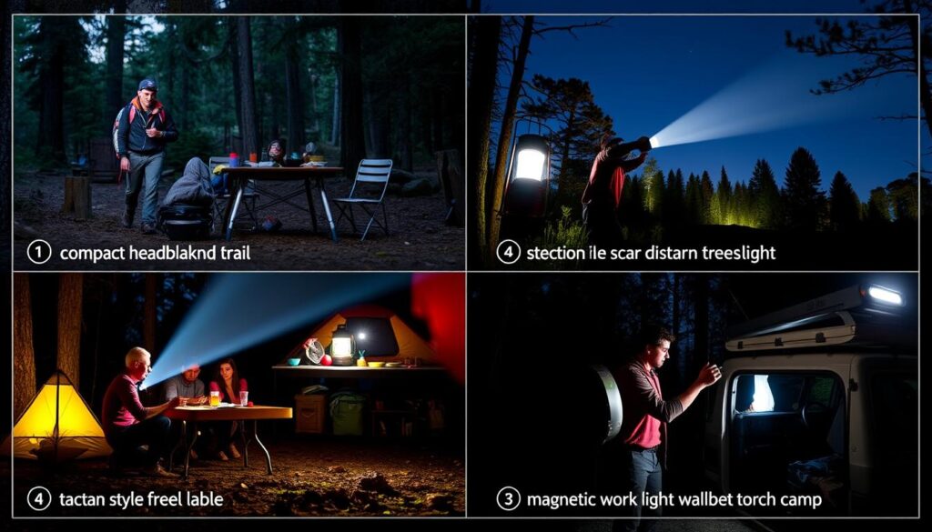 Multiple camping torches being used in different camping scenarios, showing versatility of the best camping torches Multiple camping torches being used in different camping scenarios, showing versatility of the best camping torches