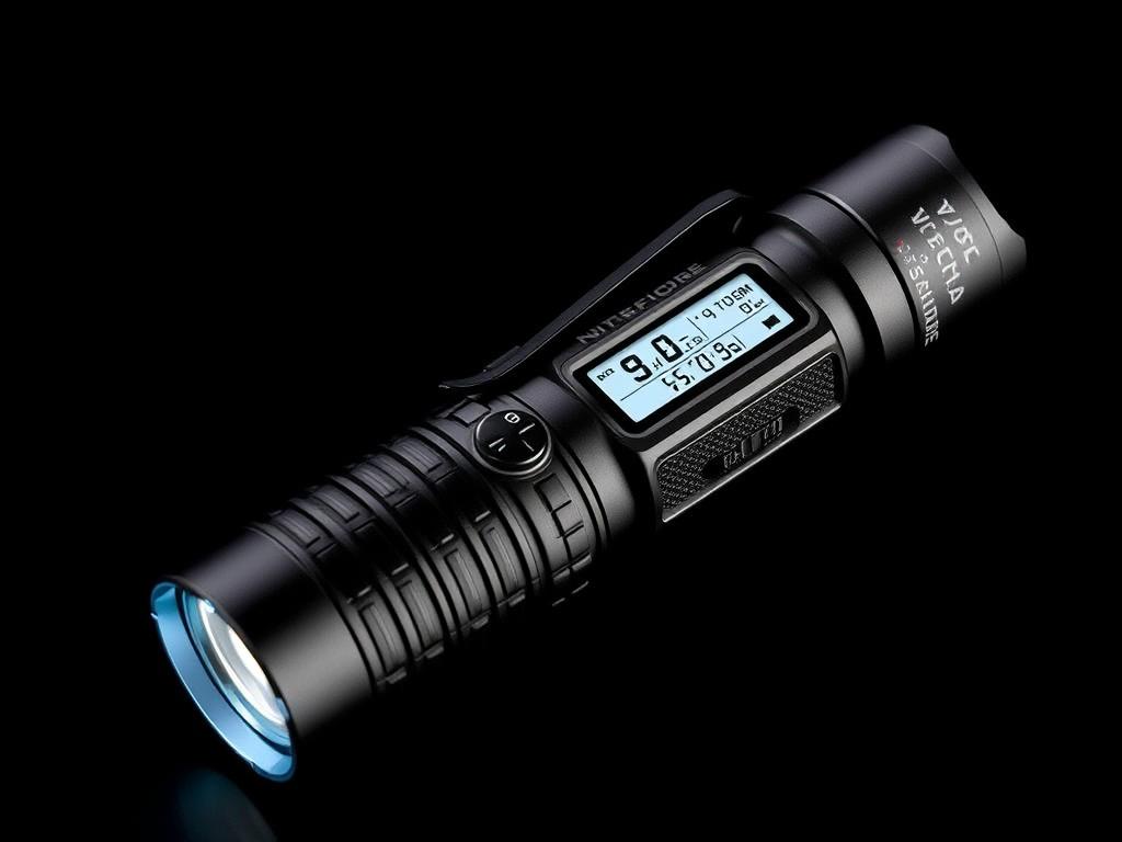 Nitecore EDC27 camping torch with its OLED display visible, representing compact best camping torches for everyday carry Nitecore EDC27 camping torch with its OLED display visible, representing compact best camping torches for everyday carry