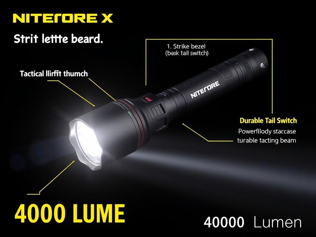 Nitecore P20iX tactical camping torch showing its tactical features and powerful beam, representing rugged best camping torches Nitecore P20iX tactical camping torch showing its tactical features and powerful beam, representing rugged best camping torches