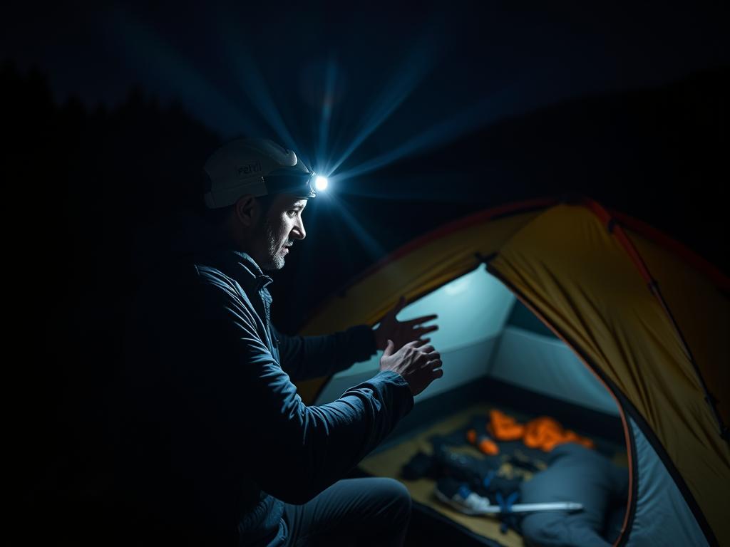 Person wearing a Petzl headlamp while setting up a tent at night, demonstrating hands-free best camping torches Person wearing a Petzl headlamp while setting up a tent at night, demonstrating hands-free best camping torches