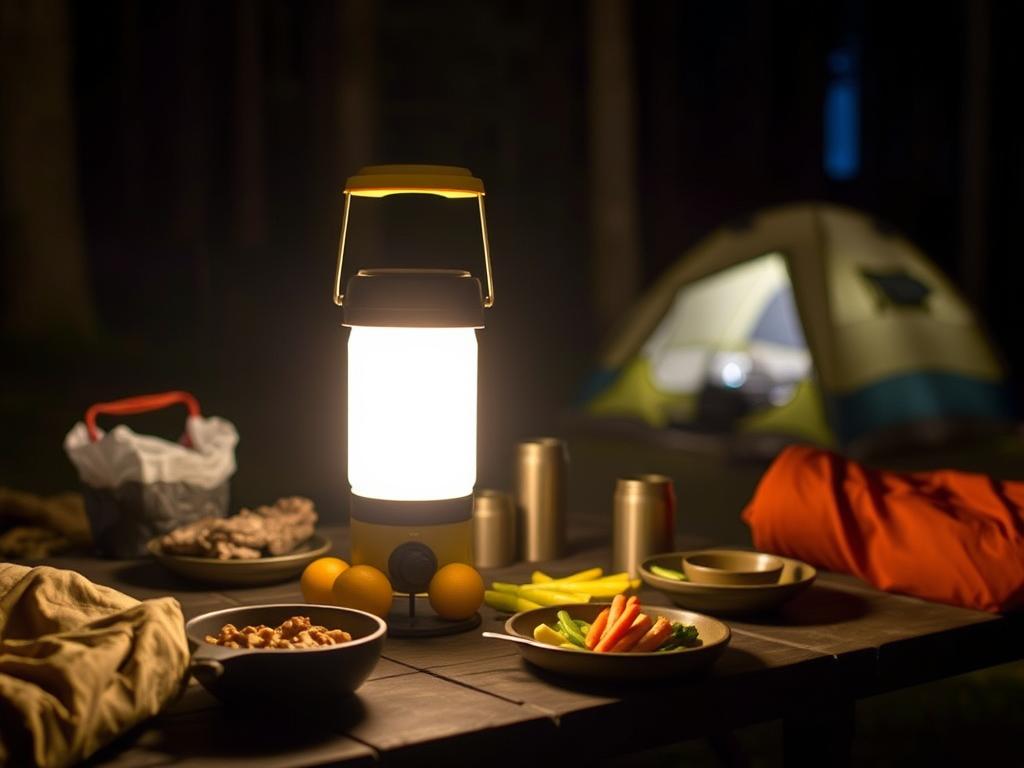 d.light Solar Lantern illuminating a campsite table at night, showing ambient lighting from best camping torches d.light Solar Lantern illuminating a campsite table at night, showing ambient lighting from best camping torches