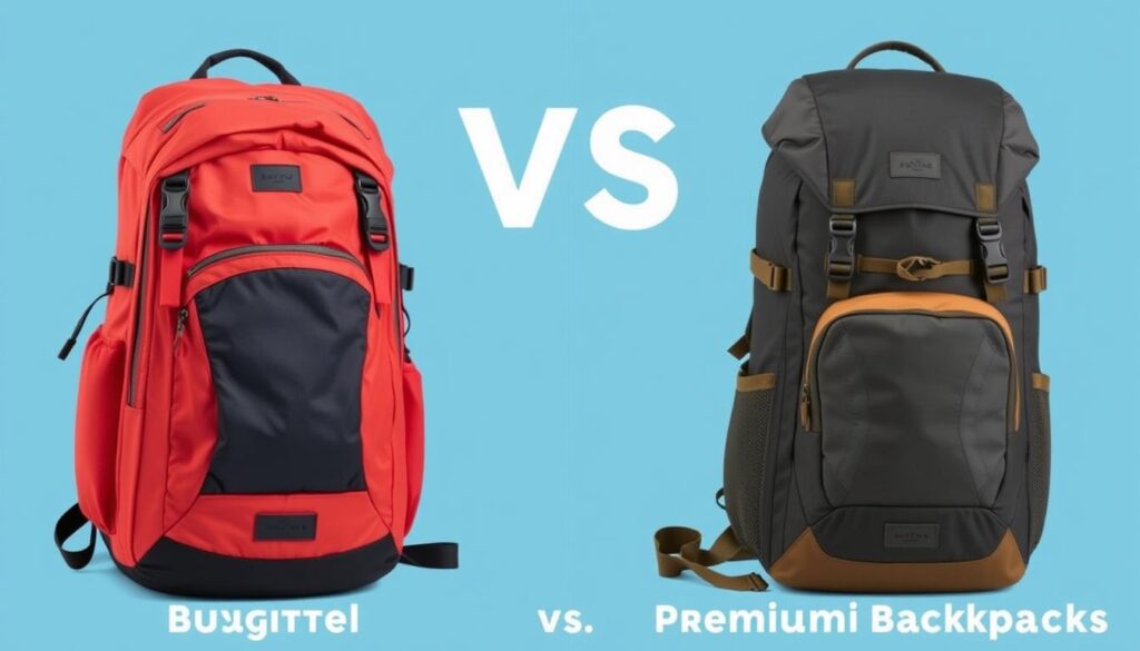 Budget and premium travel backpacks side by side showing differences in materials and features