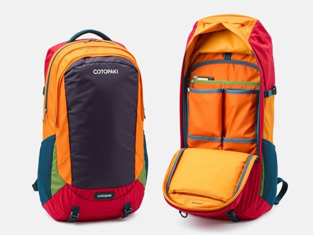 Cotopaxi Allpa 35L Travel Pack in vibrant colors with main compartment open Cotopaxi Allpa 35L Travel Pack in vibrant colors with main compartment open