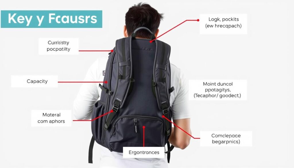Person examining features of an outdoor travel backpack with labeled components