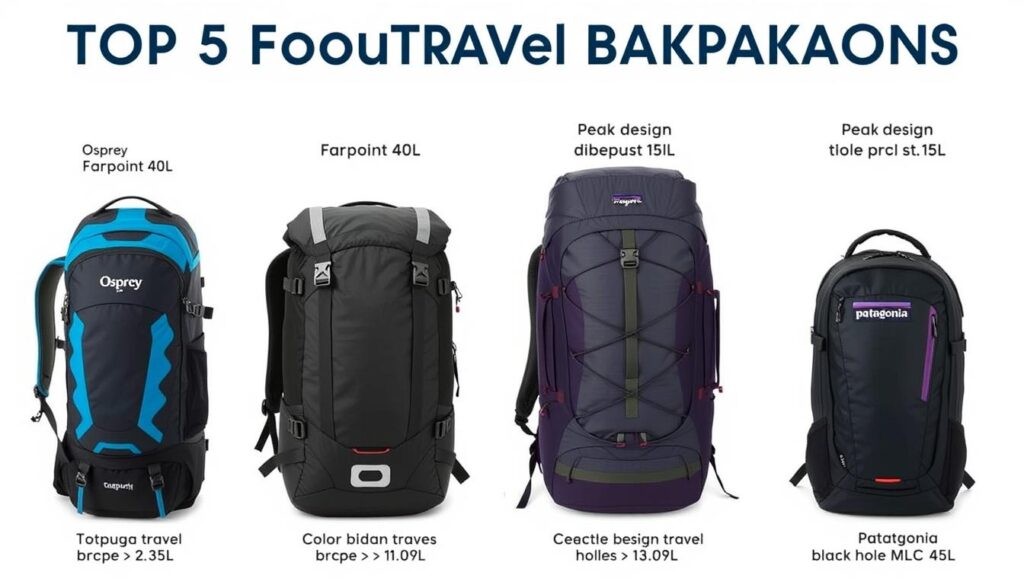 Side-by-side comparison of the top 5 outdoor travel backpacks showing size and design differences Side-by-side comparison of the top 5 outdoor travel backpacks showing size and design differences