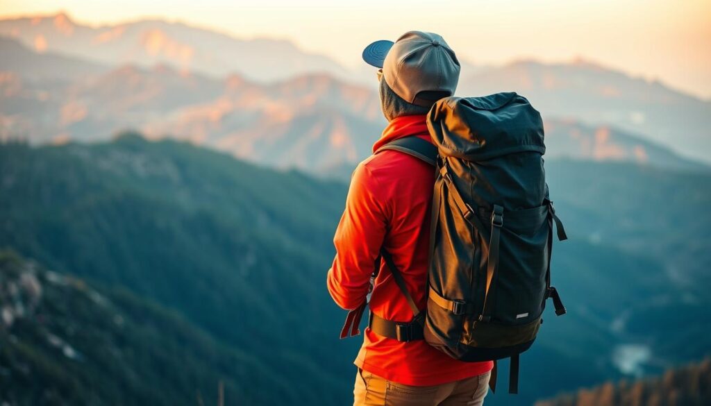 Traveler with outdoor travel backpack enjoying a scenic mountain view Traveler with outdoor travel backpack enjoying a scenic mountain view